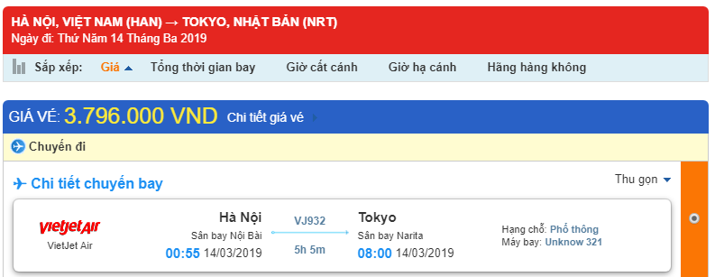 Giá vé máy bay Hà Nội - Narita