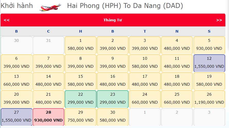 Giá vé máy bay Hải Phòng đi Đà Nẵng