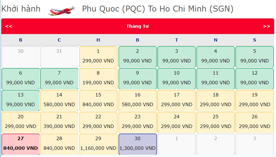 Giá vé máy bay Phú Quốc đi Sài Gòn