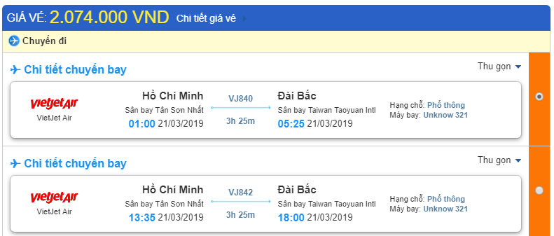 Giá vé Hồ Chí Minh đi Đài Bắc