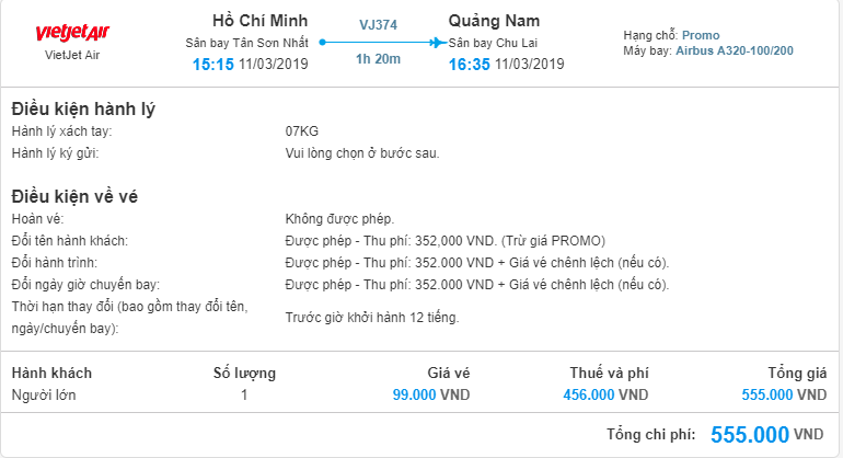 Giá vé máy bay Vietjet Air từ Hồ Chí Minh đi Chu Lai chi cụ thể