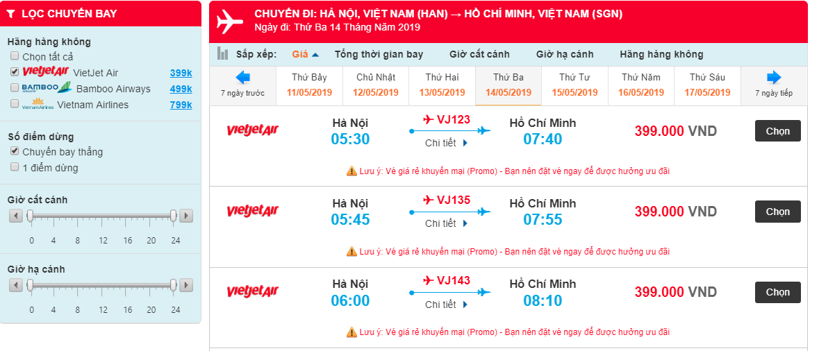 Vé máy bay Hà Nội đi Tp. Hồ Chí Minh Vietjet 