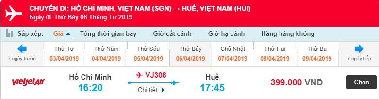 Giá vé máy bay hành trình Hồ Chí Minh đi Huế của Vietjet Air?