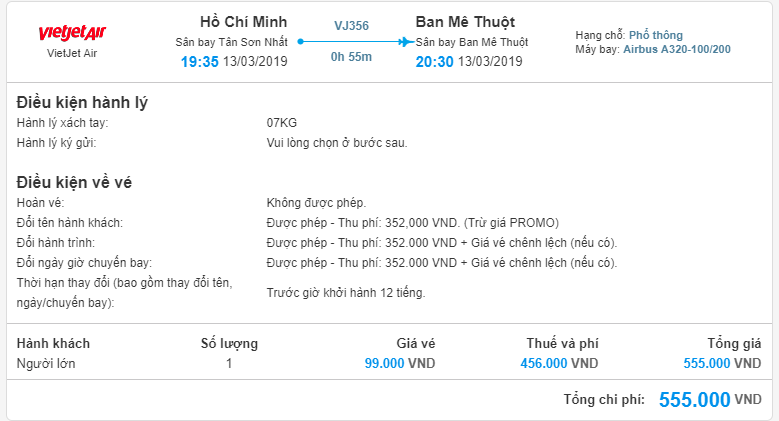 Giá vé bay Hồ Chí Minh đi Buôn Ma Thuột chi tiết