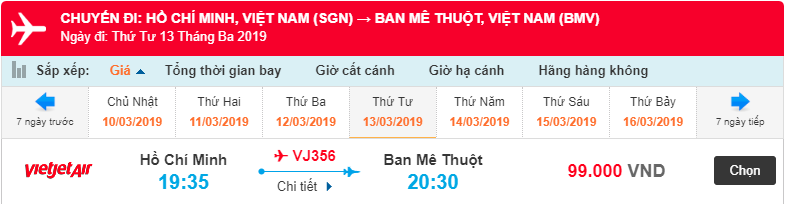 Giá vé bay Hồ Chí Minh đi Buôn Ma Thuột