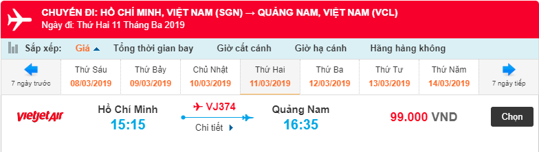 Giá vé máy bay Vietjet Air từ Hồ Chí Minh đi Chu Lai