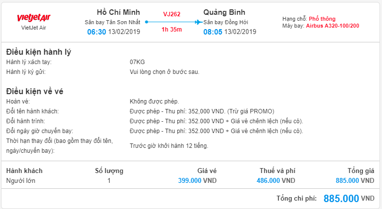 Cụ thể giá vé máy bay từ Hồ Chí Minh đi Đồng Hới 