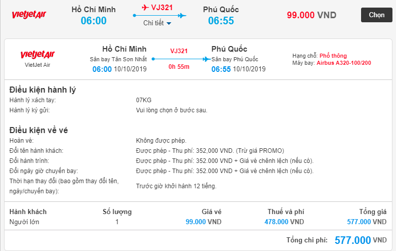 Chi tiết giá vé máy bay từ Hồ Chí Minh đi Phú Quốc của Vietjet 