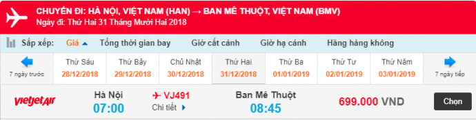 Giá vé máy bay từ Hà Nội đi Buôn Ma Thuột