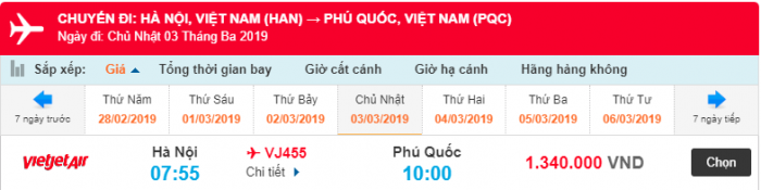 Giá vé máy bay từ Hà Nội đi Phú Quốc