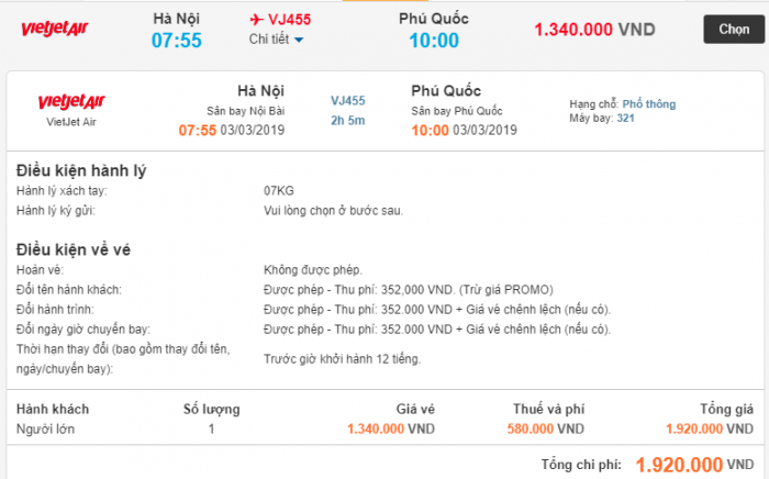 Giá vé máy bay từ Hà Nội đi Phú Quốc chi tiết