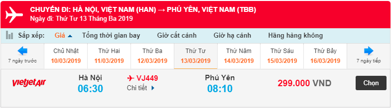 Giá vé máy bay từ Hà nội đi Phú Yên