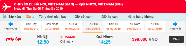 Giá vé máy bay Hà Nội đi Quy Nhơn