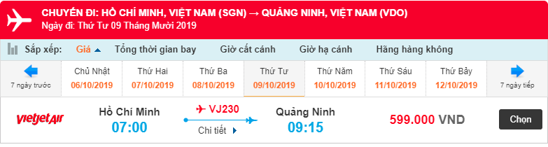 Giá vé máy bay từ Hồ Chí Minh đi Vân Đồn của Vietjet Air