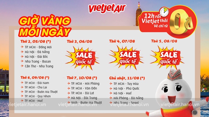 Đường bay 0 đồng trong chương trình khuyến mãi Vietjet Air