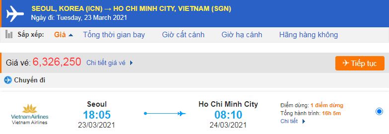 Vé máy bay từ Hàn Quốc về Hồ Chí Minh 