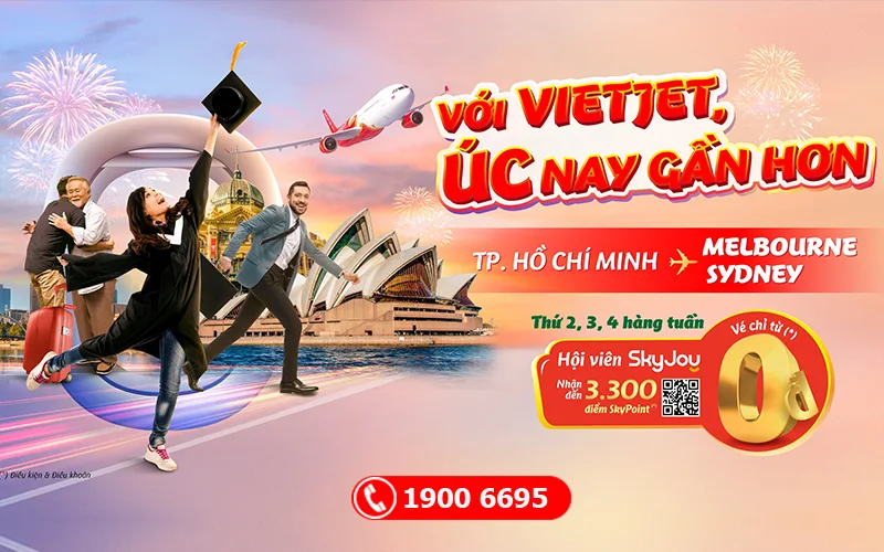 Vietjet Air khuyến mãi bay Úc 0 đồng Thứ Hai, Ba, Tư mỗi tuần